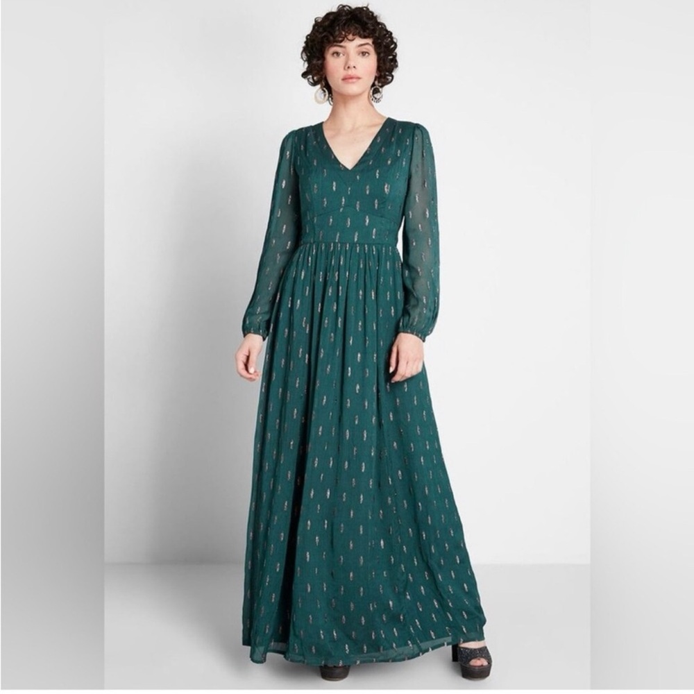 Modcloth An Enchanting Evening Maxi Dress Emerald Green Gold Print Long Sleeve S
